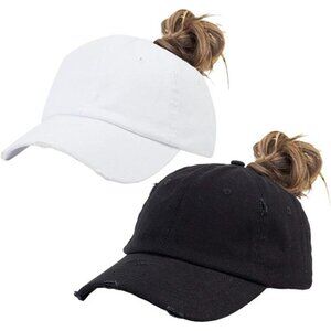 Womens Ponytail Baseball Hat Distressed Retro Adjustable Twill Sun Protection Ca